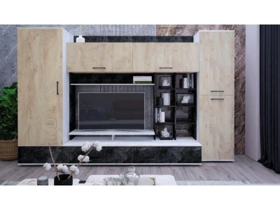 Гостиная Клио компоновка №2 бетон светлый/дуб эндгрейд/ цемент темный