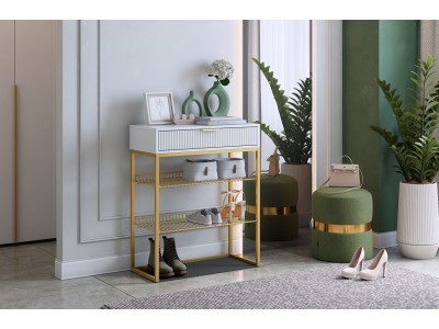 Обувница Вельвет (белое дерево/белый матовый/золото)